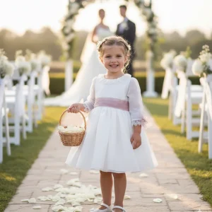 Vestido blanco organza rayada M/F fajín rosa