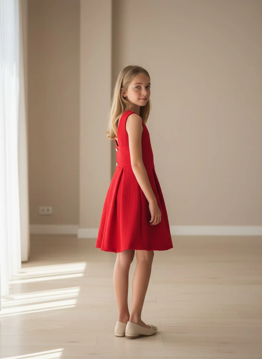 Vestido jackard rojo con tablas - Imagen 5