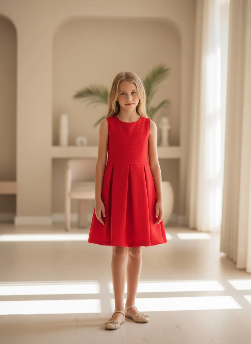 Vestido jackard rojo con tablas - Imagen 4