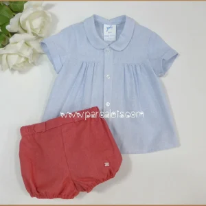 Conjunto blusa rayitas azules y bombacho rojo "Frambuesa"