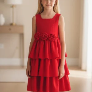 Vestido cuerpo jackard rojo y falda 3 volantes con lazada