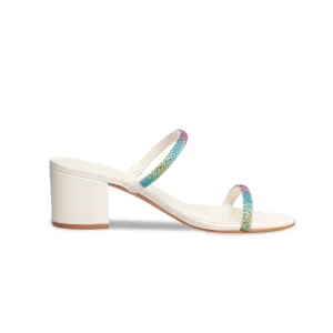 Sandalia Tacon Beige Tiras Cristales Multicolor