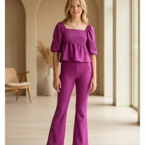 Conjunto buganvilla camisa lazada espalda y pantalón flare