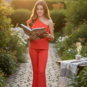 Conjunto blusa con volante y pantalon rojo